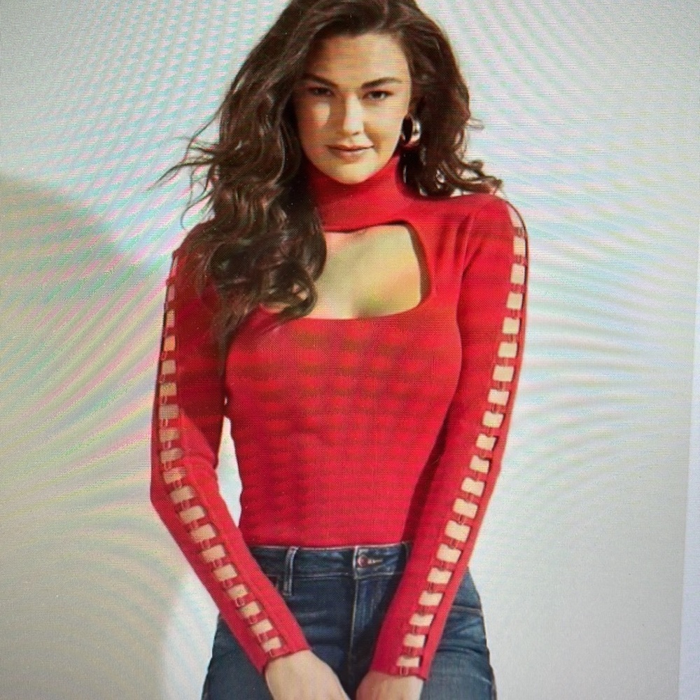 GUESS NEW High Neck Sweater. Cut out details on sleeves. Scarlett Red NWT - Picture 8 of 8